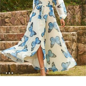 White Long-Sleeve Maxi Dress with Blue Butterfly Print